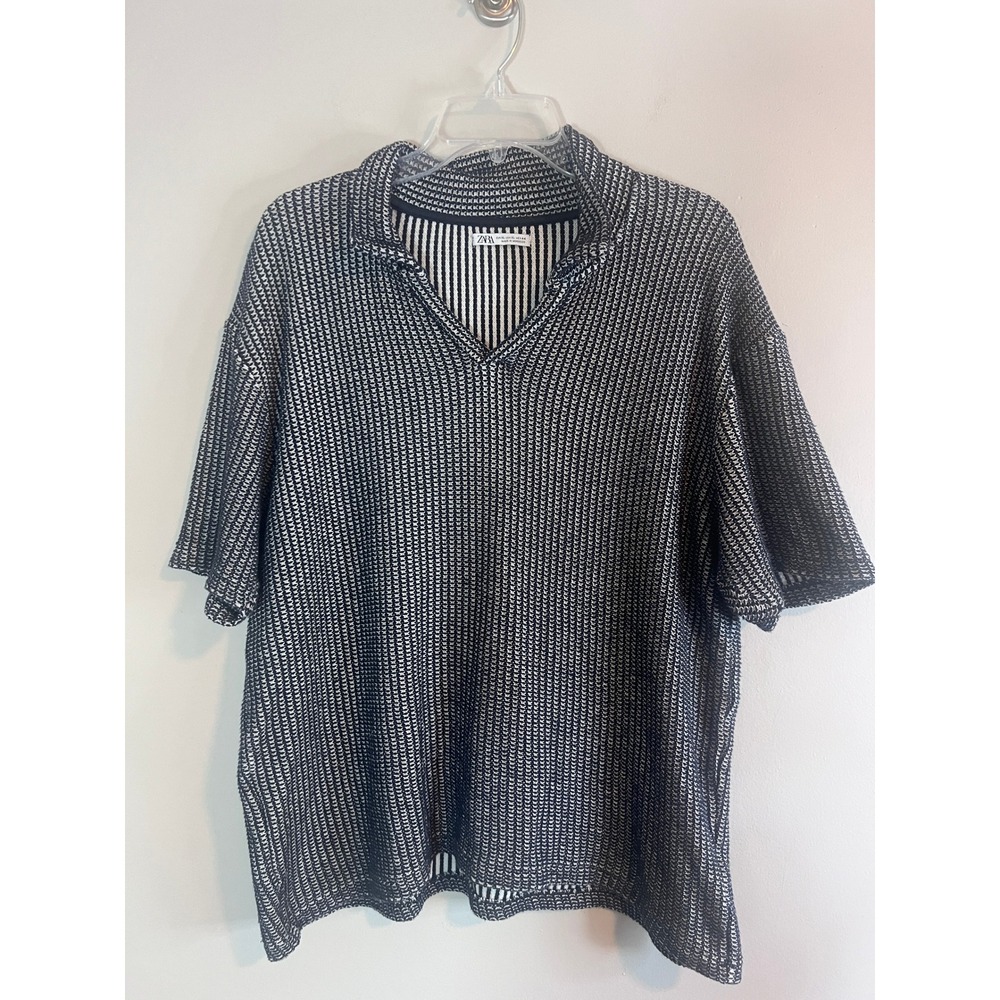 Zara Man Knit Polo Shirt XL Navy Blue White Textured V-Neck Oversized Top